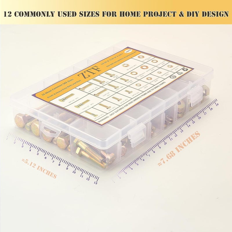 ZTF SAE Grade 8 Bolts and Nuts Assortment Kit, Heavy Duty Hex Cap Screw & Bolt Assortment Sets 12 Common Sizes, 1/4-20 5/16-18 3/8-16 Assorted Nuts Bolts Washers, 42 Sets, 3/4" to 1-1/2" Length - Image 3